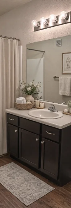 Bathroom with large vanity, ample counter space, and tile flooring