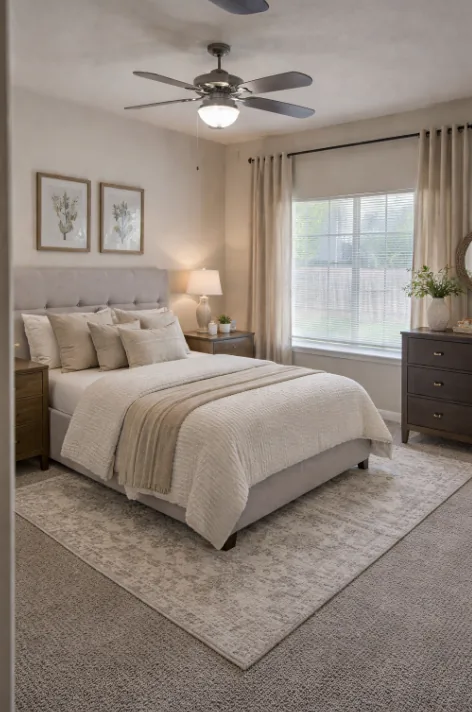 Spacious bedroom with upholstered bed, natural light, and ceiling fan