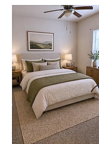 Spacious bedroom with upholstered bed, natural light, and ceiling fan