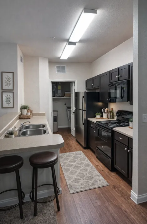 Modern kitchen with dark cabinetry, breakfast bar, and black appliances