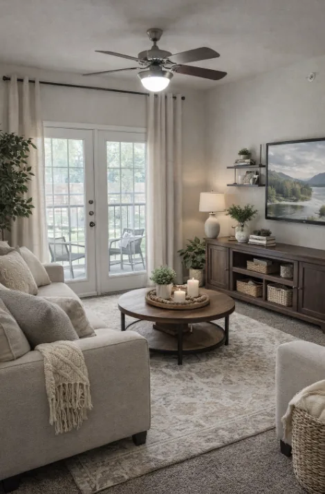 Bright, comfortable living room with ceiling fan, sofa, and large windows at Kenedy Heights