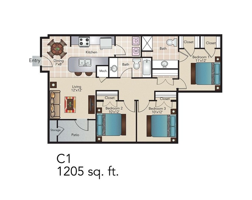 C1 Three Bedroom Floor Plan - 1205 sq ft